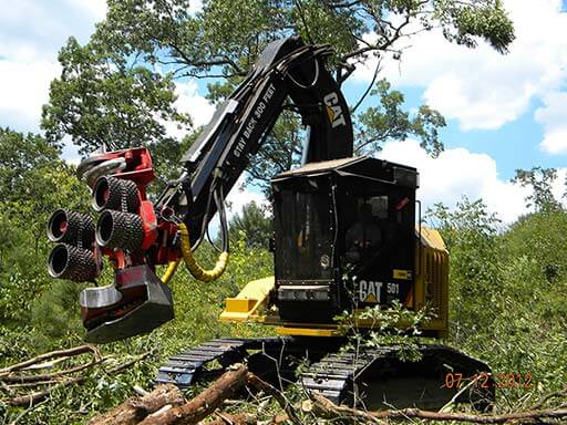 A photo of a Cat 501 track harvester doing work in the field.